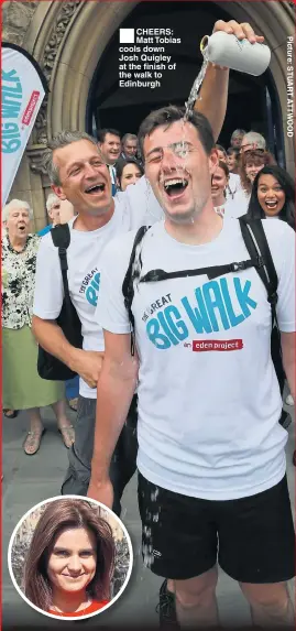  ??  ?? CHEERS: Matt Tobias cools down Josh Quigley at the finish of the walk to Edinburgh