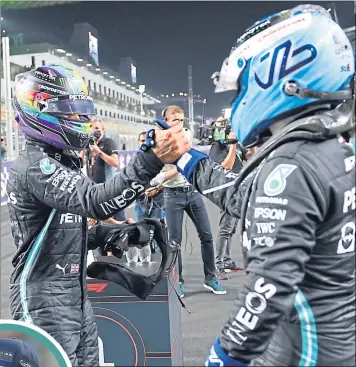  ?? ?? Lewis Hamilton (left) and Mercedes team-mate Valtteri Bottas celebrate after qualifying but Max Verstappen was left less than happy (inset)