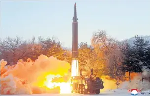  ?? REUTERS ?? A view of what state news agency KCNA reported was the test firing of a hypersonic missile at an undisclose­d location in North Korea on Jan 5.