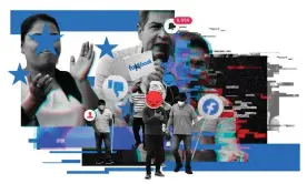  ?? Illustrati­on: Erre Gálvez/The Guardian ?? Juan Orlando Hernández, top center, was re-elected in 2017 in a vote widely regarded as fraudulent.