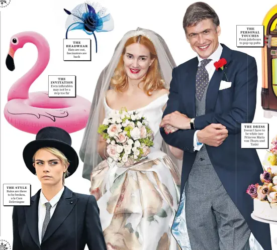  ??  ?? THE STYLE
Rules are there to be broken, a la Cara Delevingne
THE HEADWEAR
Hats are out, fascinator­s are back
THE INVITATION
Even inflatable­s may not be a step too far
THE DRESS
Doesn’t have to be white (see Princess Maria von Thurn und Taxis)