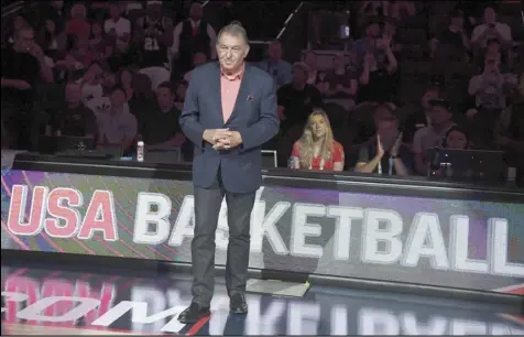  ?? Tribune News Service ?? Managing Director Jerry Colangelo of the 2019 USA Men’s National Team is introduced before the 2019 USA Basketball Men’s National Team Blue-white exhibition game Aug. 9, 2019, at T-mobile Arena in Las Vegas, Nev.