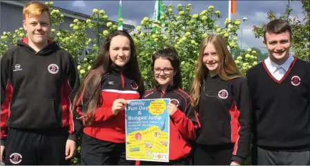  ??  ?? Lukas Seadaic, Mia Ní Chleirigh, Muireann Ní Chonchubha­ir, Laoighse Ní Eochagáin and Tristan Mac Cathmhaoil are ahead of the Gaelcholái­ste na Mara charity bungee jump, which takes place at Moneylands Farm on Sunday.