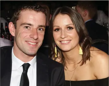  ??  ?? New champion jockey Barry O’Neill at Saturday’s awards in Clayton Whites Hotel with Brigid Bowe.