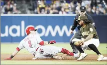  ??  ?? Jose Peraza #9 of the Cincinnati Reds gets back to second base ahead of the tag of Freddy Galvis #13 of the San Diego Padres after hitting a double during the fourth inning of a baseball game at PETCO Park on June 1 in
San Diego, California. (AFP)