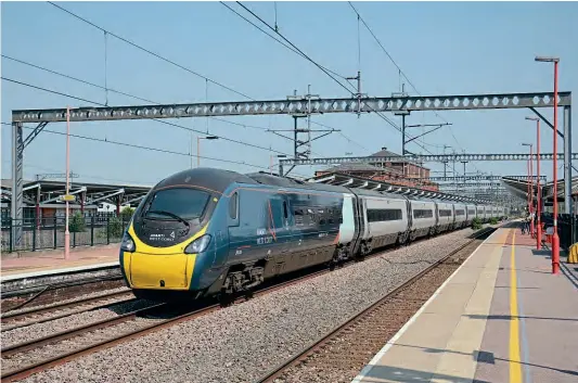  ?? BRAD JOYCE ?? Avanti ‘Pendolino’ No. 390130 races through Rugby on June 24, 2020 with the 1H30/14.20 Euston to Manchester Piccadilly – our log of a similar service train working on the southern end of the WCML closely matched that of June’s record-breaking attempt to Glasgow.