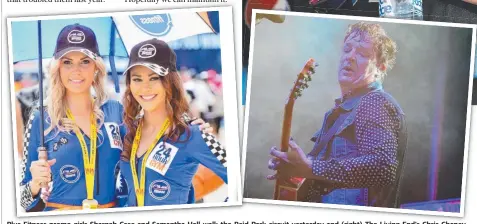  ?? Pictures: SCOTT RADFORD- CHISHOLM, FIONA HARDING ?? Plusl Fi Fitness promo girls Sharnah Case and Samantha Hall walk the Reid Park circuit yesterday and ( right) The Living End’s Chris Cheney on stage during Saturday night’s concert. MORE PHOTOS: page 10