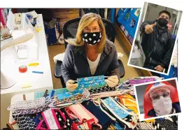  ?? Courtesy photos ?? (Above) Debbie Beydler shows off some of the many face masks she’s made. (Inset) Masketeers provided masks for employees at Vallarta, top, and Los Angeles County Department of Water and Power employees, bottom.