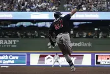  ?? AP ?? SEE YA: Austin Riley celebrates hitting a solo home run during the sixth inning of Game 2 in the NLDS as Atlanta blanked Milwaukee 3-0 to even the series 1-1.