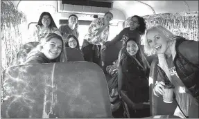  ?? Submitted/HANNAH HAWKINS ?? Members of the Lady Bulldog volleyball team sit on the travel bus waiting for the start of a six-hour journey to the state volleyball tournament in Paragould Oct. 22. Members on the bus include Kalie McBride (bottom, left), Natalie Rodriguez, Coach Tajhe Turner, Ithzel Martine (middle row, center), Heidi Rubi, Stephanie Sandoval (back row, left), Bronwyn Berry and Mckinzee Swaim.