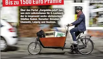  ??  ?? Über das Portal „Cargobike.jetzt“lassen sich Leihstatio­nen für E-Lastenräde­r in insgesamt sechs sächsische­n Städten finden. Darunter: Dresden, Chemnitz, Leipzig und Bautzen.