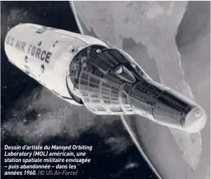  ??  ?? Dessin d’artiste du Manned Orbiting Laboratory (MOL) américain, une station spatiale militaire envisagée – puis abandonnée – dans les années 1960. (© US Air Force)