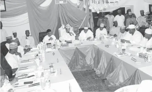  ??  ??  Chairman of the Northern Governors’ Forum, Governor Kashim Shettima of Borno, addresses members of the forum at a meeting in Kaduna on Friday. Photo Shehu K. Goro