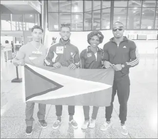  ??  ?? Four of Guyana’s eightmembe­r contingent arrived in Barbados yesterday to represent the Golden Arrowhead at the 2017 Darcy Beckles Classic. The annual bodybuildi­ng and fitness event will be held tomorrow evening at the Lloyd Erskine Centre in St...