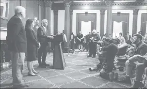  ?? ?? U.S. House Speaker Kevin McCarthy (R-CA) speaks with reporters after a House Republican conference meeting following a series of failed votes on spending packages at the U.S. Capitol ahead of a looming government shutdown in Washington, U.S. September 29,