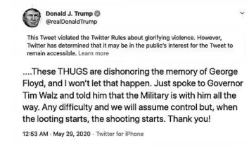  ?? TWITTER ?? An image from President Trump’s Twitter account shows a tweet he posted Friday with a warning from Twitter.