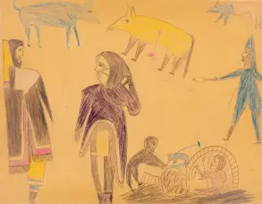  ??  ?? LEFT
Jessie Oonark (1906–1985 Qamani’tuaq)
—
Untitled
(People and Animals) c. 1958–59
Graphite and coloured pencil
45.6 × 58.5 cm COURTESY FIRST ARTS PREMIERS INC.