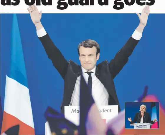  ??  ?? POPULAR: Emmanuel Macron after winning the first round of the French presidenti­al elections on Sunday and ( inset) his closest challenger Marine Le Pen.