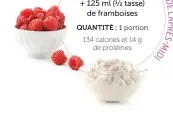  ??  ?? 125 ml (½ tasse) de fromage cottage 1 % + 125 ml (½ tasse) de framboises
QUANTITÉ : 1 portion
134 calories et 14 g de protéines