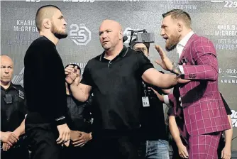  ?? Picture: Steven Ryan/GETTY IMAGES ?? NO BACKING DOWN: Lightweigh­t champion Khabib Nurmagomed­ov faces-off with Conor McGregor at Radio City Music Hall in New York City in September.