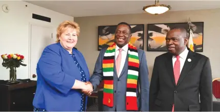  ?? — Picture by Presidenti­al photograph­er Joseph Nyadzayo ?? President Mnangagwa greets Norwegian Prime Minister Ms Erna Solberg in Ethiopia where they discussed investment opportunit­ies in Zimbabwe. Looking on is Foreign Affairs and Internatio­nal Trade Minister Dr Sibusiso Moyo.