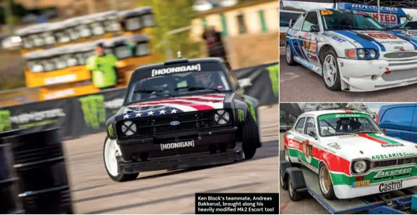  ??  ?? Ken Block’s teammate, Andreas Bakkerud, brought along his heavily modified Mk2 Escort too!