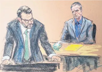  ?? REUTERS ?? A courtroom sketch shows defence attorney Eric Nelson making closing arguments during the trial of former Minneapoli­s police officer Derek Chauvin in Minneapoli­s, Minnesota on Monday.