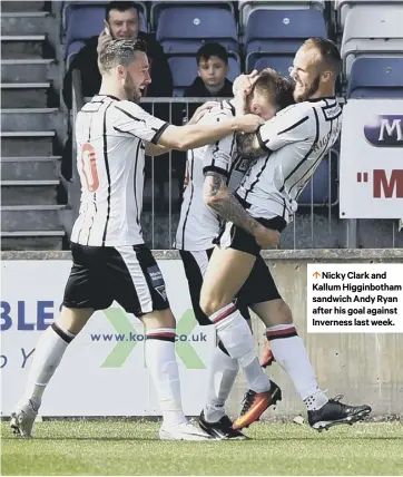  ??  ?? Nicky Clark and Kallum Higginboth­am sandwich Andy Ryan after his goal against Inverness last week.