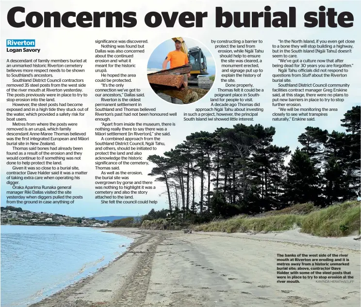  ?? KAVINDA HERATH/STUFF ?? The banks of the west side of the river mouth at Riverton are eroding and it is metres away from a historic unmarked burial site; above, contractor Dave Halder with some of the steel posts that were in place to try to stop erosion at the river mouth.