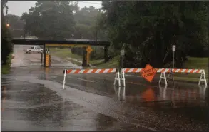  ??  ?? A sign blocks vehicles from traveling under a bridge Wednesday on West 40th Street in Texarkana, Texas. The region saw heavy rain throughout the morning, prompting flash flood warnings. (Texarkana Gazette/Jason Hopkins)