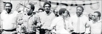  ??  ?? Pictured at a protest march in Cape Town, from left: Elijah Barayi, Chris Hani, Jay Naidoo, Alan Boesak, Cyril Ramaphosa and Tony Yengeni.