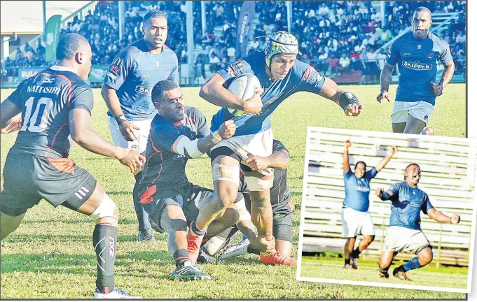  ?? Pictures: JONA KONATACI ?? Nadi’s Ilisoni Galala attacks against Naitasiri during the Innk Mobile Farebrothe­r Sullivan Trophy challenge match at Ratu Cakobau Park in Nausori yesterday. Inset: Nadi skipper Sivaniolo Lumelume falls to the ground as he shows his emotion after the final whistle.