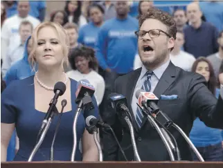  ?? ANHEUSER-BUSCH ?? Amy Schumer and Seth Rogen appear in a Super Bowl ad for Anheuser-Busch’s Bud Light Party campaign. It’s the kind of ad usually substitute­d by Canadian broadcaste­rs for local ads during the game.