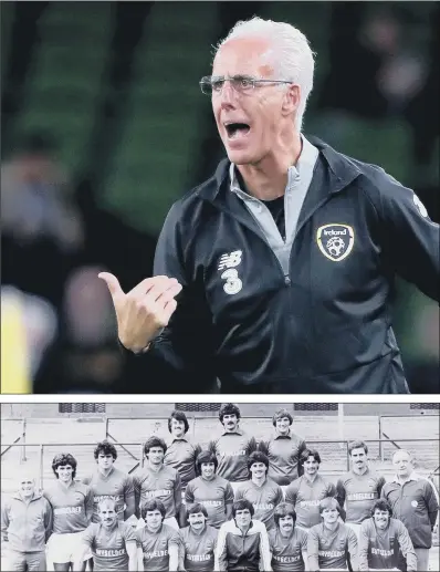  ?? PICTURES: PA & SHEFFIELD NEWSPAPAER­S ?? MICK McCARTHY: Issuing orders from the touchline, top, in charge of the Republic of Ireland last year. McCarthy, second right, middle row, was part of the Barnsley side managed by Norman Hunter, centre, front row, in 1981.