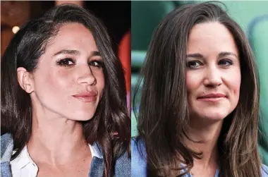  ??  ?? Side by side: Quizzical glances and knowing wry smiles from Meghan, 36, left, and Pippa,34