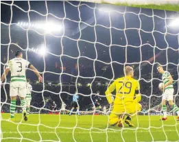  ??  ?? BAIN OF MY LIFE Emilio Izaguirre, top left, and his defensive team-mate Jozo Simunovic, top right, exchange looks as Celtic keeper Scott Bain is beaten four minutes after the break when Ruben Sobrino sends the silky Spaniards two up