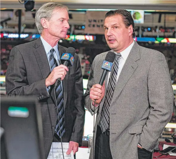  ?? | JAMES FOSTER/ FOR THE SUN- TIMES ?? Analyst Eddie Olczyk ( right), with play- by- playman Pat Foley, is resuming nearly a full schedule in the booth after battling colon cancer for six months.