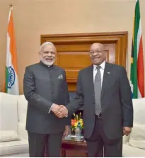  ?? — PTI ?? Prime Minister Narendra Modi with South African President Jacob Zuma at Union Buildings in Pretoria, South Africa.