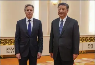  ?? MARK SCHIEFELBE­IN - THE ASSOCIATED PRESS ?? U.S. Secretary of State Antony Blinken meets with Chinese President Xi Jinping at the Great Hall of the People on Friday in Beijing.