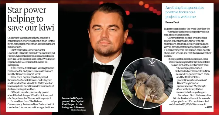  ?? Photo / WireImage ?? Leonardo DiCaprio praised The Capital Kiwi Project to his Instagram followers.