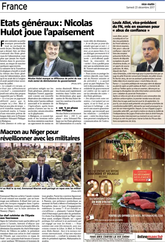  ?? (Photo AFP) (Photo AFP) ?? Nicolas Hulot marque sa différence de point de vue mais exclut de démissionn­er du gouverneme­nt Ici au Mali le  mai, Emmanuel Macron avait partagé un repas avec les militaires.
