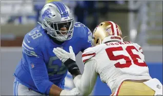  ?? ASSOCIATED PRESS FILE PHOTO ?? Detroit Lions offensive tackle Penei Sewell (58) blocks against San Francisco 49ers defensive end Samson Ebukam (56) in the first half of Sunday’s game in Detroit,