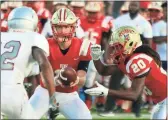  ?? File - Jeremy Stewart ?? Rome quarterbac­k Caleb Ellard (center) hands the ball off to running back Ahijah Blackwell (20) during last week’s scrimmage against New Manchester.