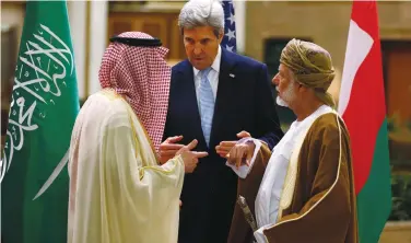  ?? (Faisal Al-Nasser/Reuters) ?? US SECRETARY OF STATE John Kerry speaks with Saudi Arabian Foreign Minister Adel al-Jubeir, left, and Omani Foreign Minister Yusuf bin Alawi bin Abdullah before a meeting in Riyadh on Sunday.