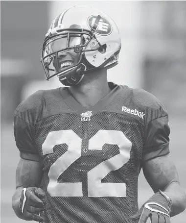  ?? JOHN LUCAS/Postmedia News ?? Cornerback Joe Burnett of the Edmonton Eskimos vows no one will out-work him in training camp.