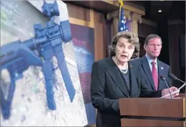  ?? European Pressphoto Agency ?? SEN. DIANNE FEINSTEIN, with fellow Democratic Sen. Richard Blumenthal, has written a bill to ban “bump stocks,” which turn rif les into automatic weapons.