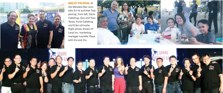  ??  ?? BBQ AT THE PARK. At the Mandani Bay complex for its summer happening, from left, Derio Cabahug, Guy and Tess Teves, Purie Cabahug and Eriko Ichinohe. Right photo shows HT Land Inc. marketing manager Leorelie Ylaya with Eia and Zio.
CBM OPENING SALVO....