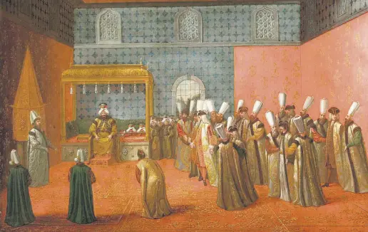  ??  ?? A painting by Flemish-French painter Jean Baptiste Vanmour depicting Sultan Ahmed III receiving Dutch ambassador Cornelis Calkoen at Topkapı Palace in Istanbul in 1727.