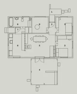  ??  ?? 1. Front porch 2. Entry 3. Bedroom 4. Deck 5. Dining 6. Kitchen 7. Back hall/pantry 8. Bathroom/laundry 9. Study