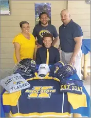  ?? SUBMITTED PHOTOS ?? Lackey High School graduate Lucas Ethington, seated, signed his National Letter of Intent to attend Kent State University this fall to continue playing ice hockey. Standing are his mother, Toni Ethington, brother Cameron Ethington and father Luke...